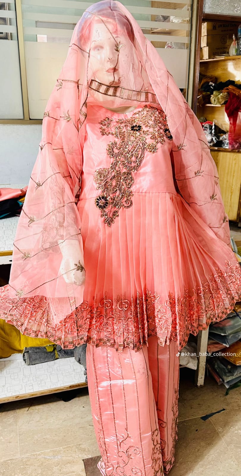 Elegant Peach Embroidered Peplum Frok with Dupatta