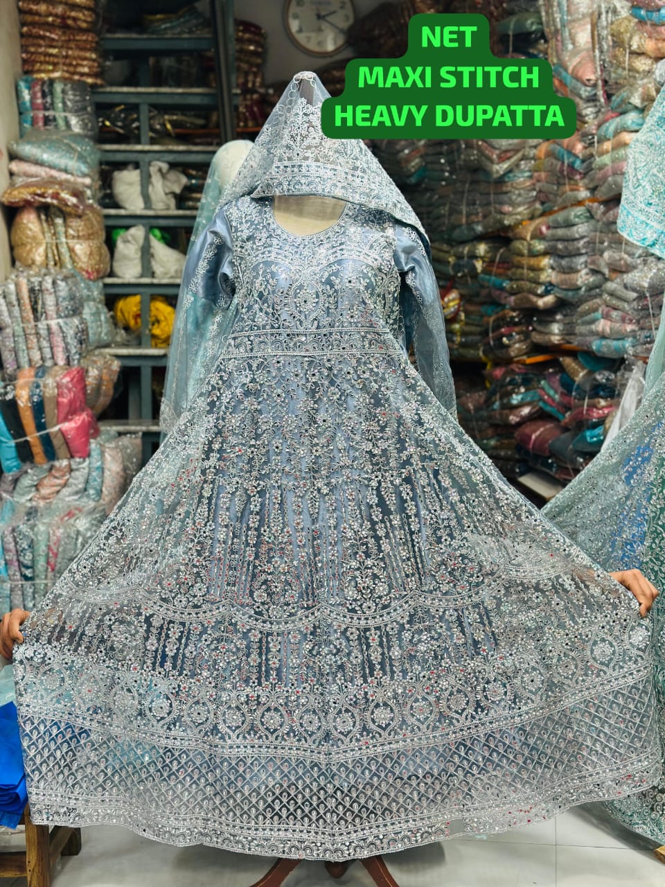 Net Maxi Dress with Heavy Embroidered Dupatta