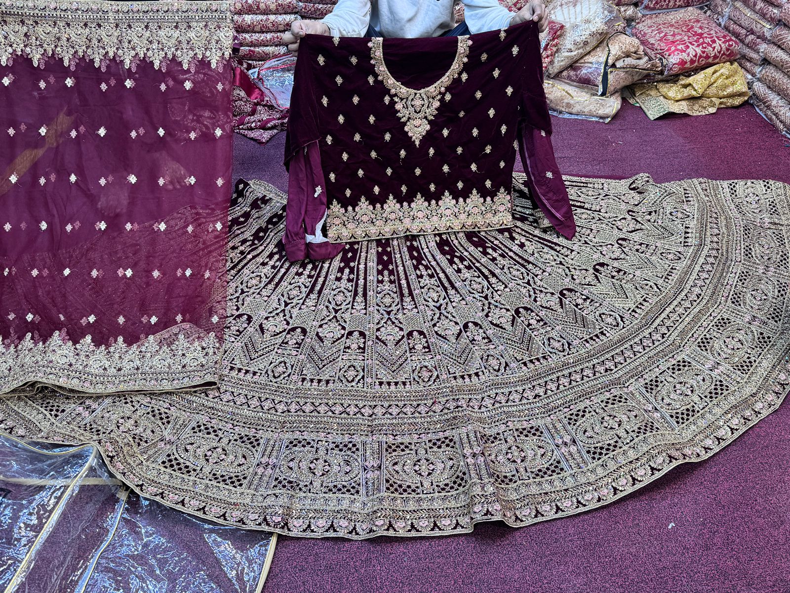 Heavy Bridal Velvet Lehanga Set with Zari Embroidery
