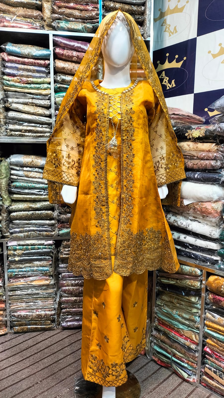 Luxury Mustard Yellow Embroidered 3-Piece Suit Open shirt