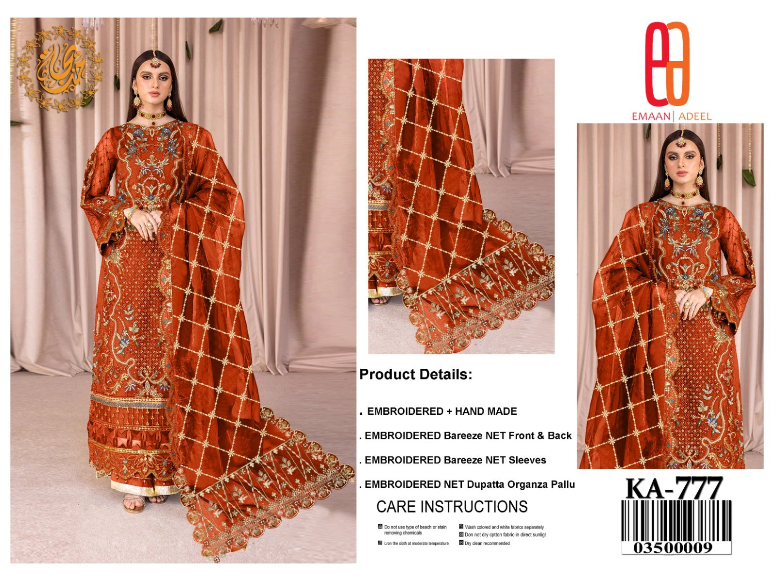 Embroidered Handmade Net 3-Piece Suit – Olive Gold (KA-777)