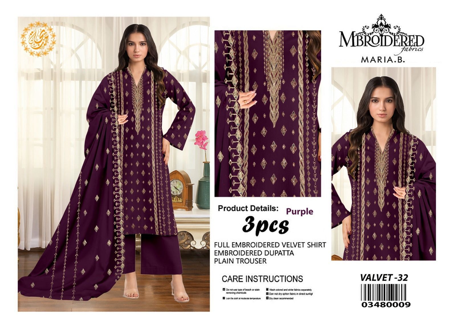 Embroidered Velvet 3-Piece Suit – Purple (MARIA B)