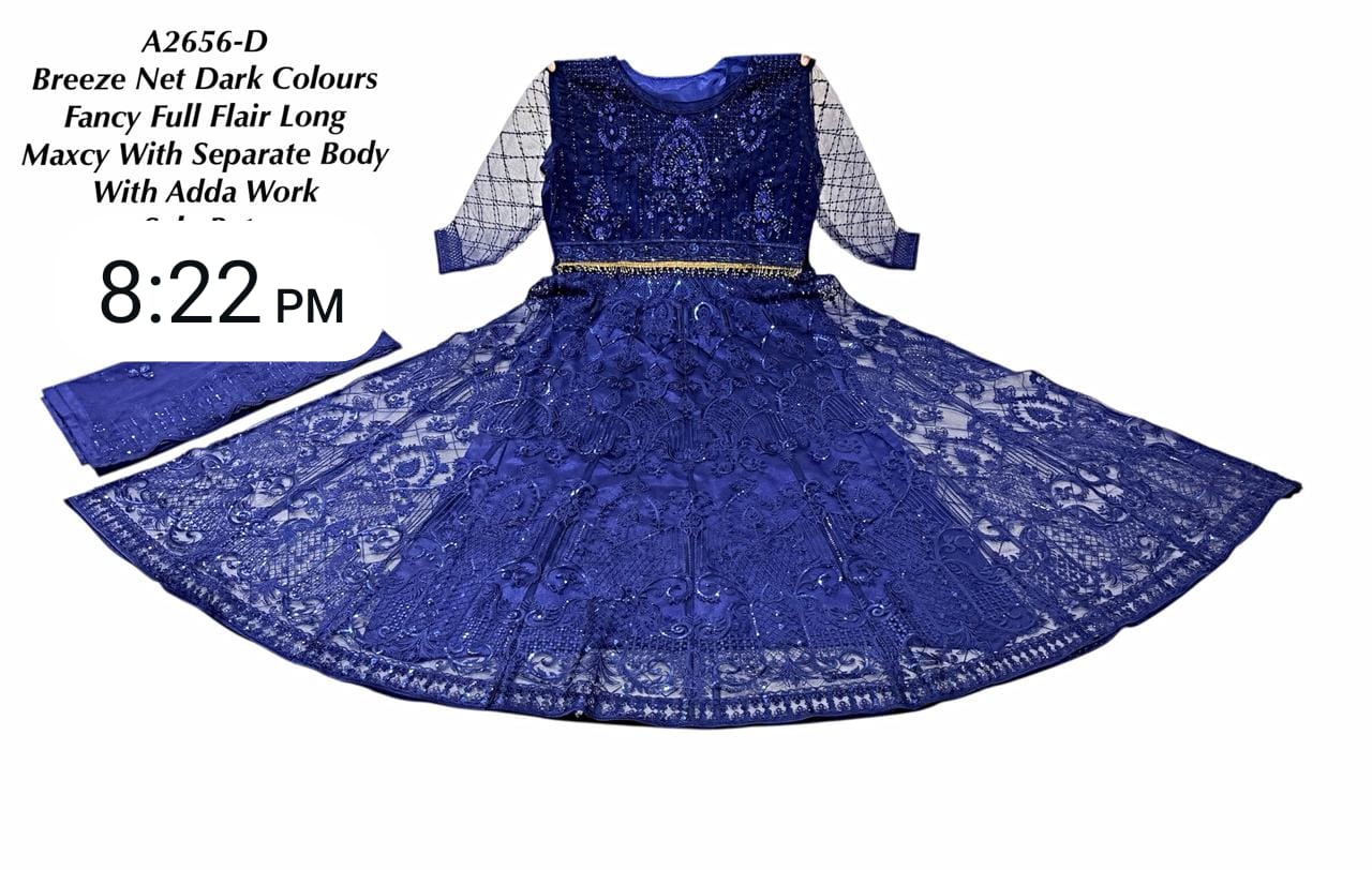 Navy Blue Breeze Net Full Flare Long Maxi Dress with Dupatta