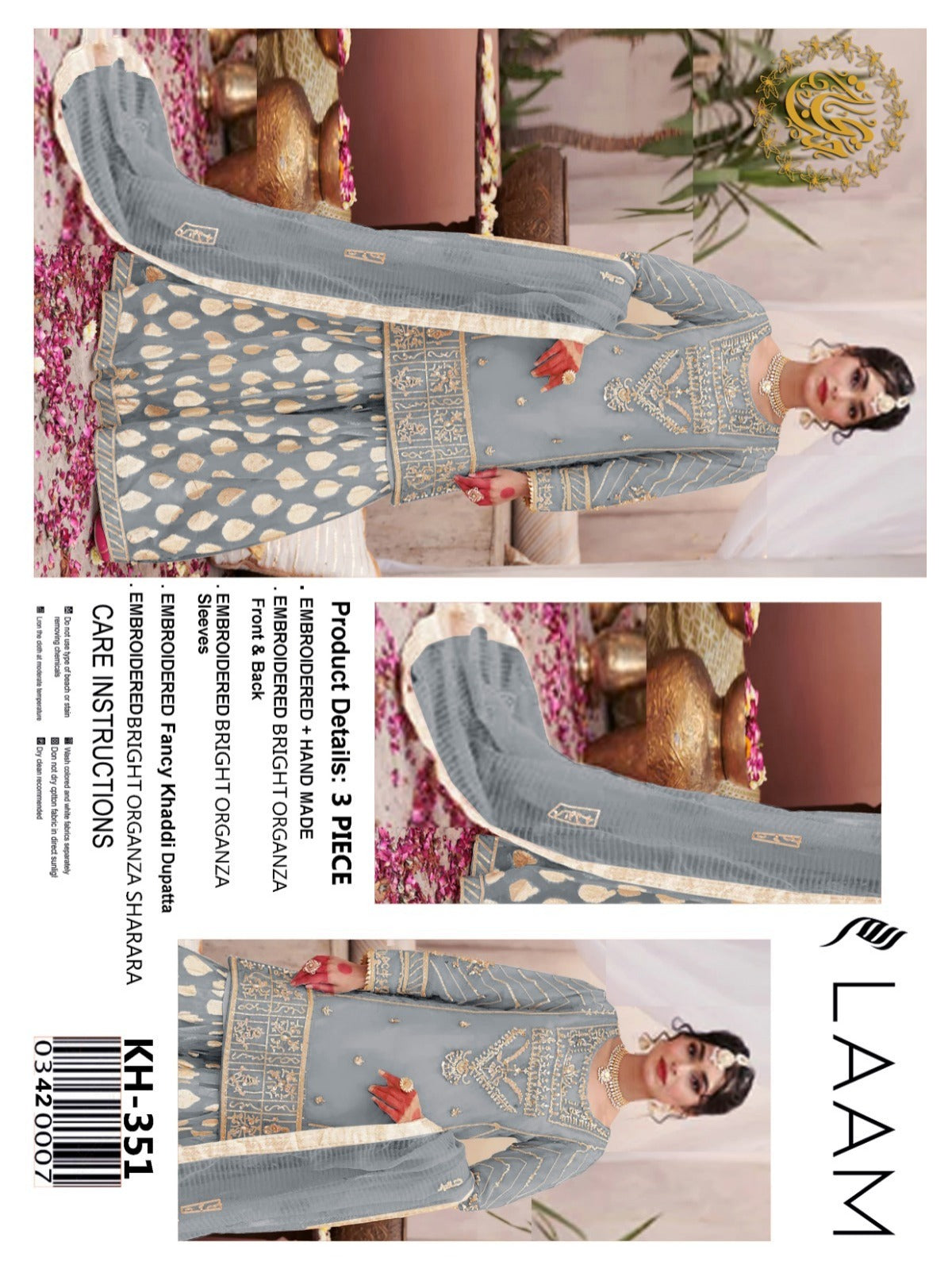 LAAM Embroidered 3-Piece Khaddi Organza Sharara Suit – KH-351