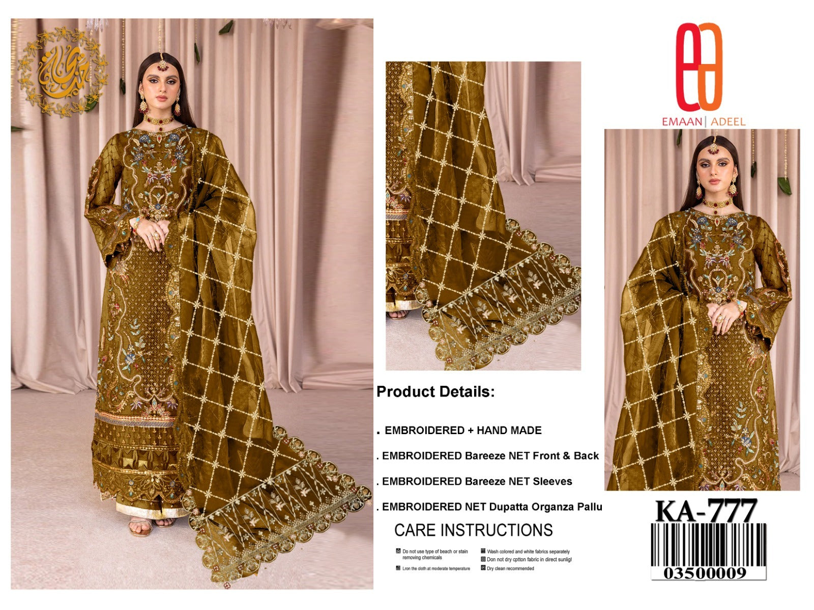 Embroidered Handmade Net 3-Piece Suit – Olive Gold (KA-777)