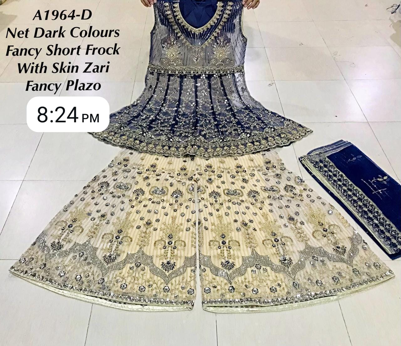 Net Dark Colour Fancy Short Frock with Skin Zari Fancy Plazo Set