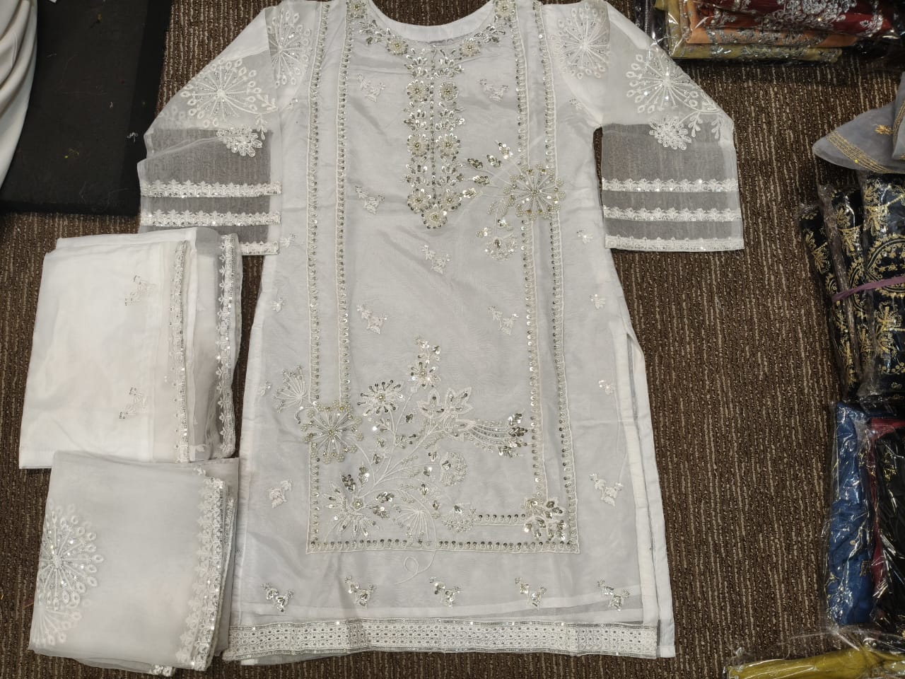 Classic White Embroidered 3-Piece Suit with Chiffon Dupatta