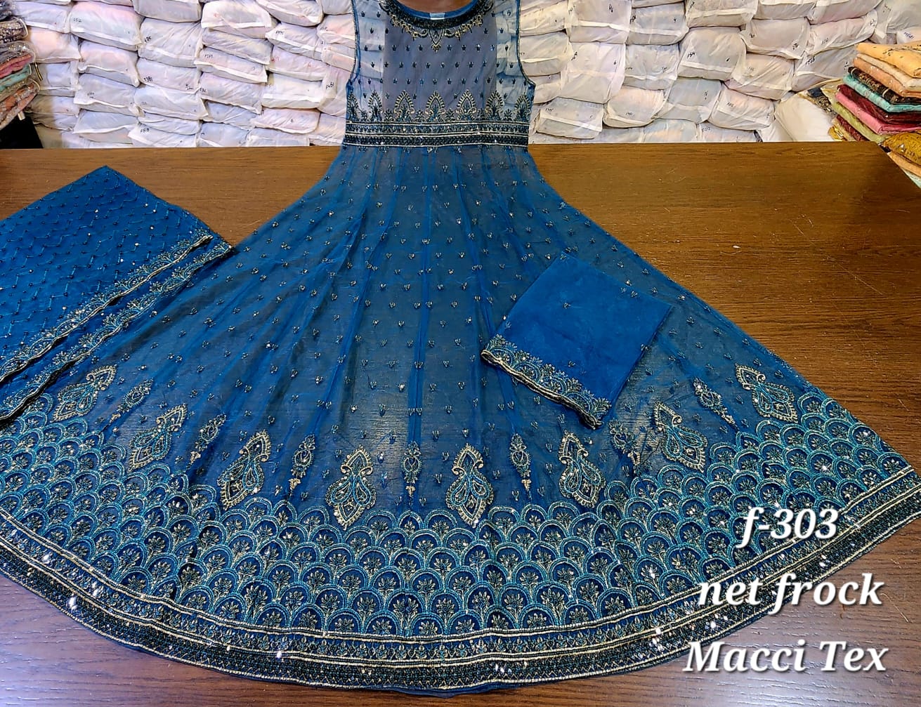 Royal Blue Net Frock Dress with Dupatta